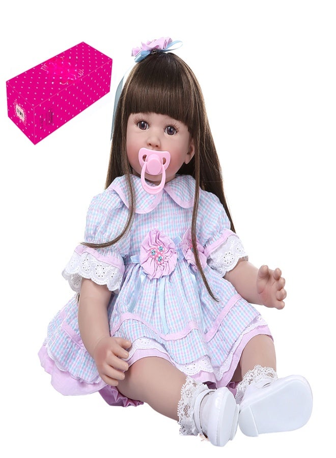 Decdeal 24 inch Reborn Baby Doll Lifelike Baby Accompany Dolls Silicone Vinyl& Cotton Body Toddlers Gifts with Pink& Blue Plaid Dress - Image 1
