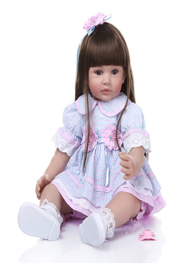 Decdeal 24 inch Reborn Baby Doll Lifelike Baby Accompany Dolls Silicone Vinyl& Cotton Body Toddlers Gifts with Pink& Blue Plaid Dress - Image 3