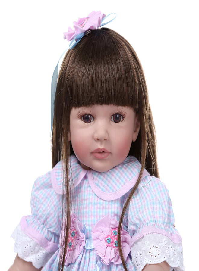 Decdeal 24 inch Reborn Baby Doll Lifelike Baby Accompany Dolls Silicone Vinyl& Cotton Body Toddlers Gifts with Pink& Blue Plaid Dress - Image 4