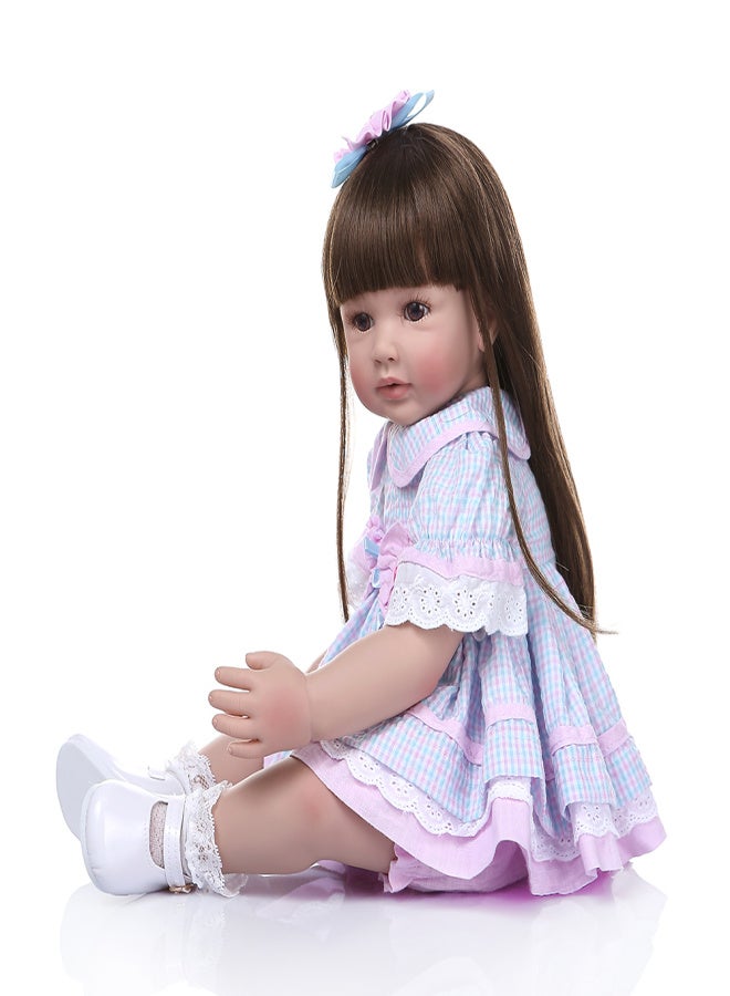 Decdeal 24 inch Reborn Baby Doll Lifelike Baby Accompany Dolls Silicone Vinyl& Cotton Body Toddlers Gifts with Pink& Blue Plaid Dress - Image 5