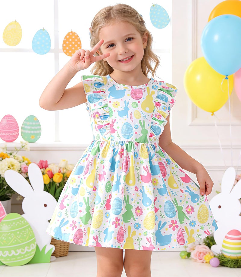 NUBEEHOHO Little Girls Easter Dresses for Toddler Baby Girl Ruffle Rabbits Print Sundress Summer Clothes Kids Casual Dress 1283 3T - Image 3