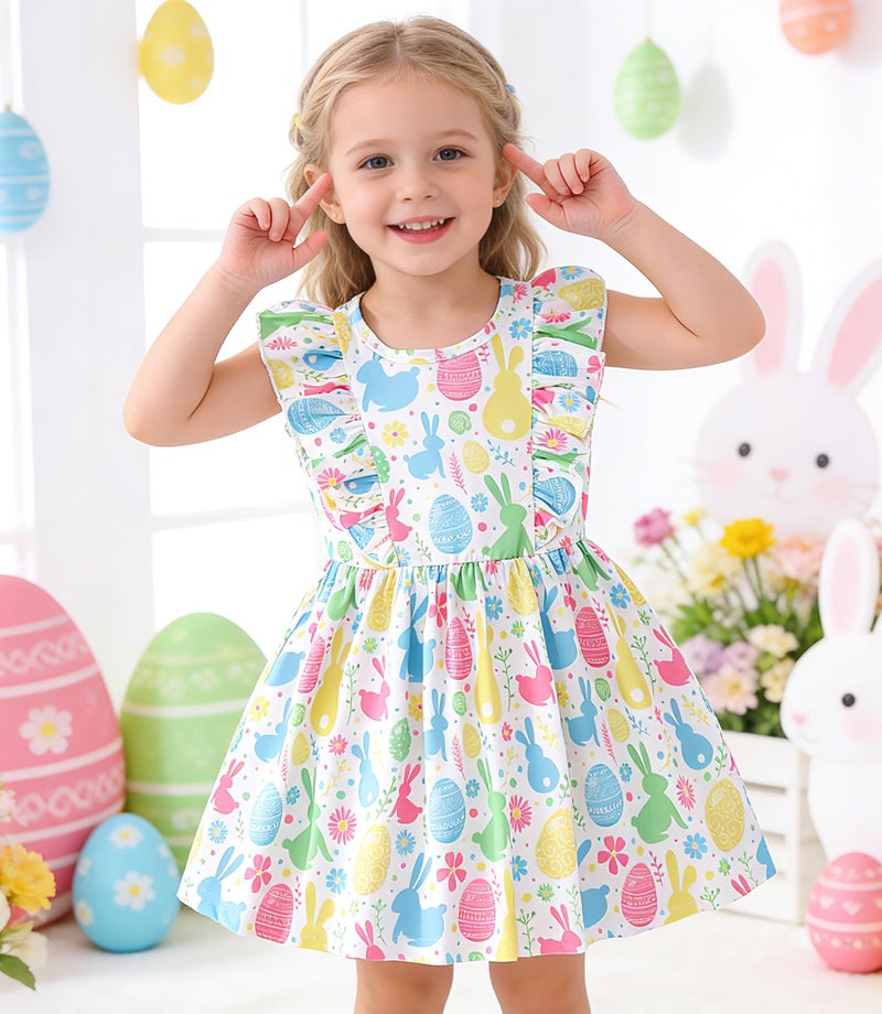 NUBEEHOHO Little Girls Easter Dresses for Toddler Baby Girl Ruffle Rabbits Print Sundress Summer Clothes Kids Casual Dress 1283 3T - Image 4