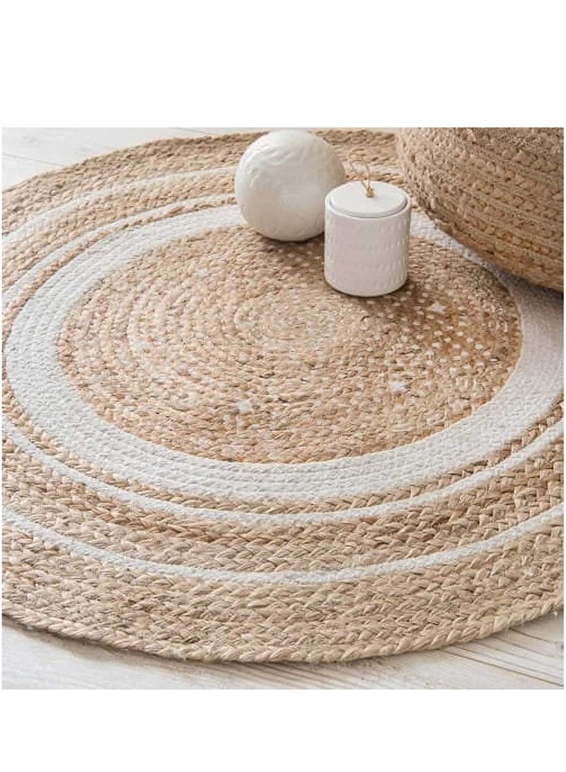 LINGWEI Round Jute Rug Carpet with White Line 100x100cm - Image 1