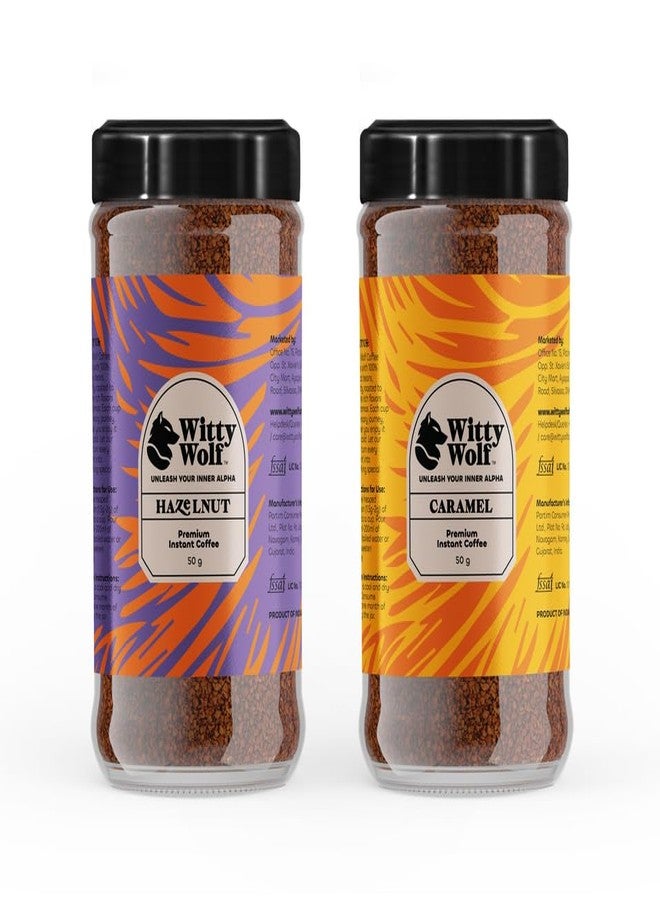Witty Wolf Premium Hazelnut & Caramel Instant Flavored Coffee Combo (50gm + 50gm) | Espresso, Latte & Cappuccino | Hot & Cold Coffee (Pack of 2) - Image 1
