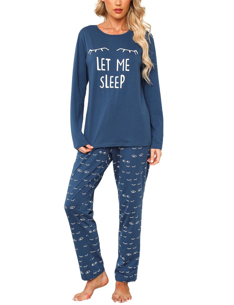 EISHOPEER Womens Cotton Long Sleeve Pajamas Set Closed Eyes Sleepwear Top and Pants Cute Pjs Lounge Sets with Pocket Blue Medium