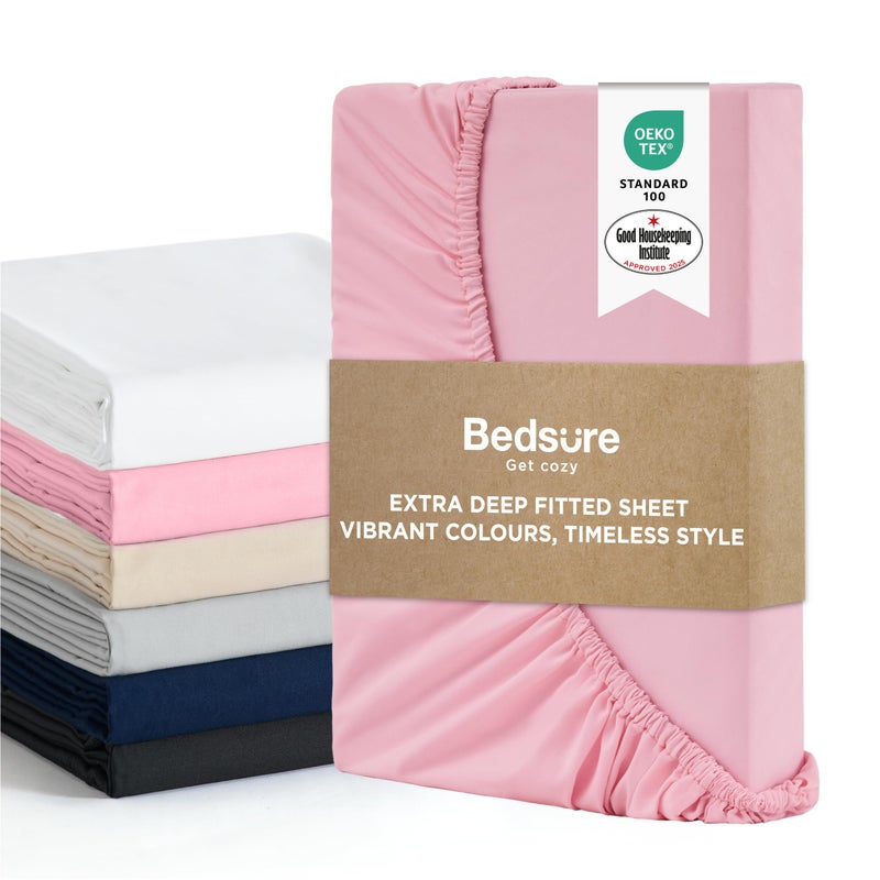 Bedsure Double Fitted Sheet Deep  Bed Sheets Extra Deep Pocket 16 Inches 40 cm Soft Brushed Polyester Microfiber Material for Double Bed Pink 135x190cm