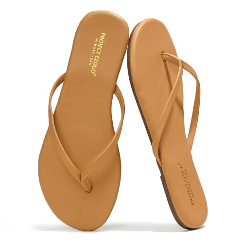 Project Cloud Flip Flops for Women - Memory Foam Flats Summer Sandals for Women 2025 - Vegan Leather Lightweight Womens Sandals Summer Beach Essentials Slides (Foundations, Tan, 10) - Image 1