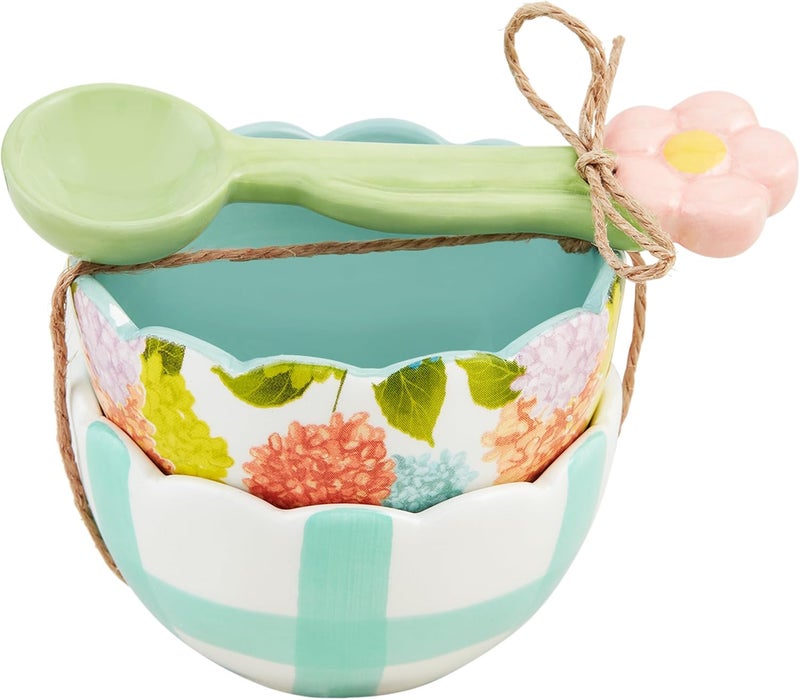 Mud Pie Blue Floral Fruit Tid Bit bowl 2 x 3 dia  spoon 4 14