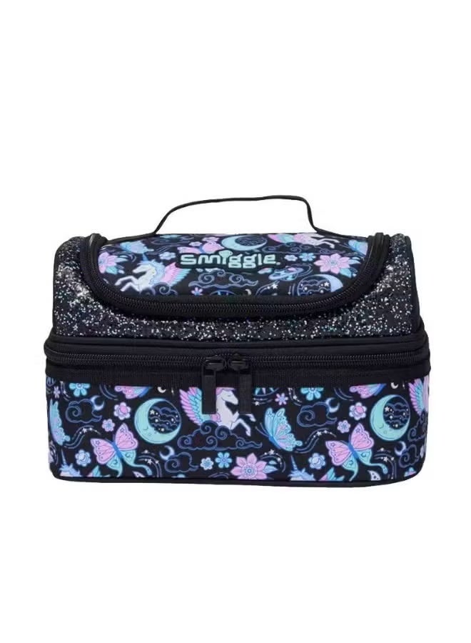 Navy blue starry sky style children's lunch bag, double-layer independent compartment, anti-odor mixing handle and crossbody bag.