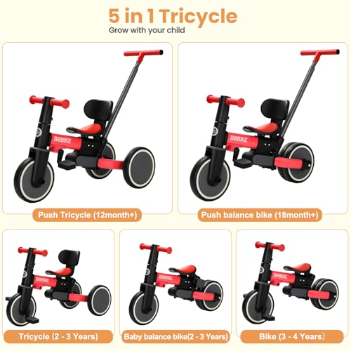 Bobike Toddler Bike with Push HandleTricycles for 1 to 3 Years Old Toddler Tricycle with Push Handle for Boy Girl Baby Balance Bike with Adjustable Seat Height and Removable Pedal Red - Image 5