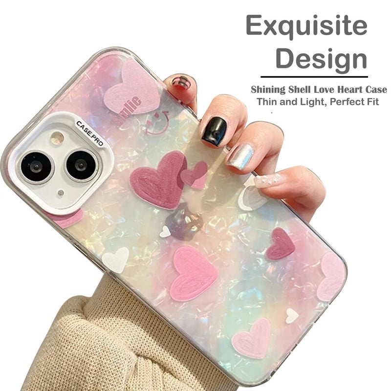 Mobistyle Designed for iPhone 15 Cover Cool Shining Shell Love Heart Pattern Design with TPU Edges Phone Back Cover Case for Girls Women (Bling Heart Pink) - Image 2