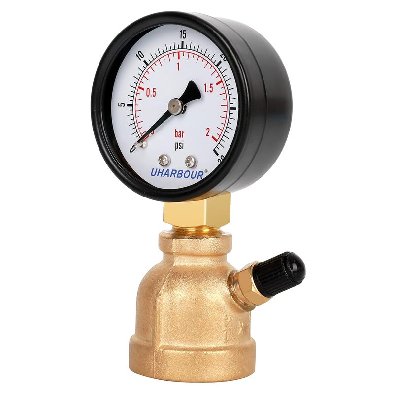 Uharbour Brass gas pressure gauge, 3/4 inch FNPT forged brass assembly with 30 psi air pressure gauge and air purge valve, widely for domestic gas in-line pressure testing - Image 2