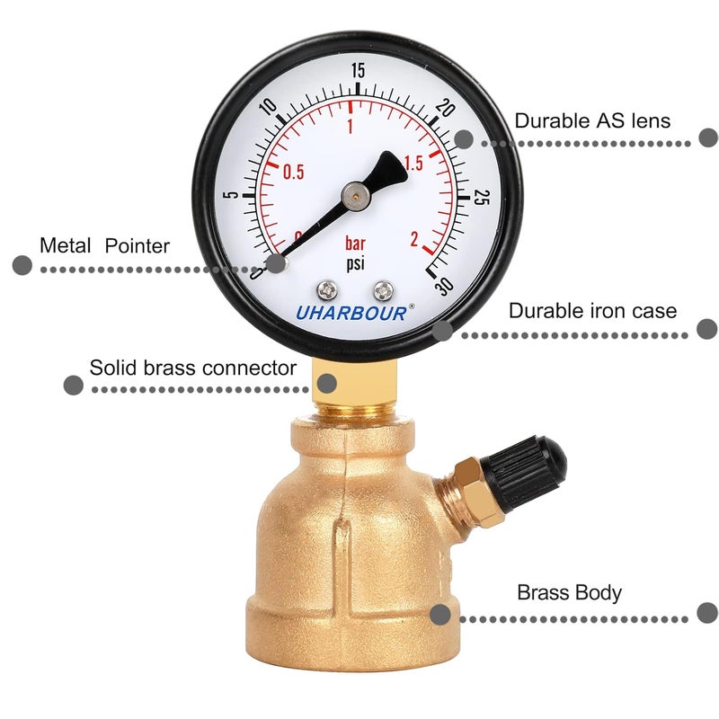 Uharbour Brass gas pressure gauge, 3/4 inch FNPT forged brass assembly with 30 psi air pressure gauge and air purge valve, widely for domestic gas in-line pressure testing - Image 4