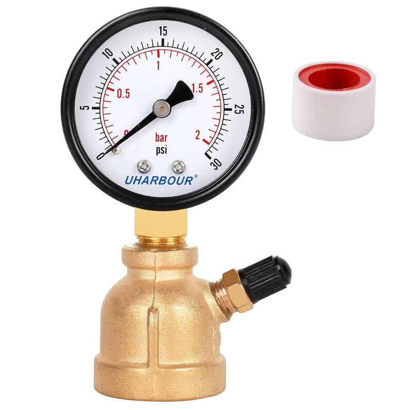 Uharbour Brass gas pressure gauge, 3/4 inch FNPT forged brass assembly with 30 psi air pressure gauge and air purge valve, widely for domestic gas in-line pressure testing - Image 1