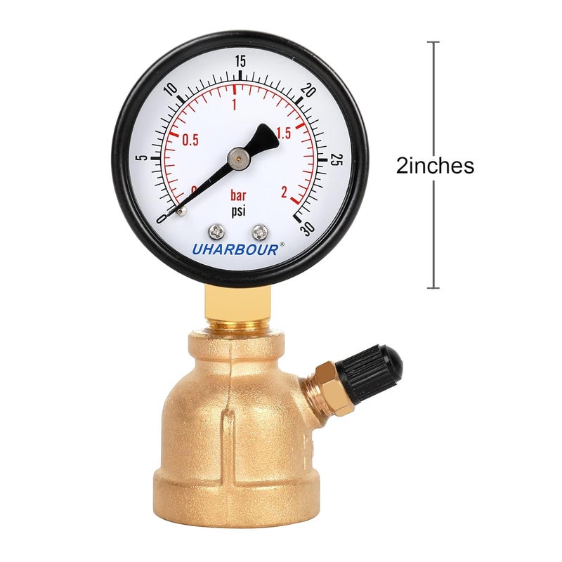 Uharbour Brass gas pressure gauge, 3/4 inch FNPT forged brass assembly with 30 psi air pressure gauge and air purge valve, widely for domestic gas in-line pressure testing - Image 3