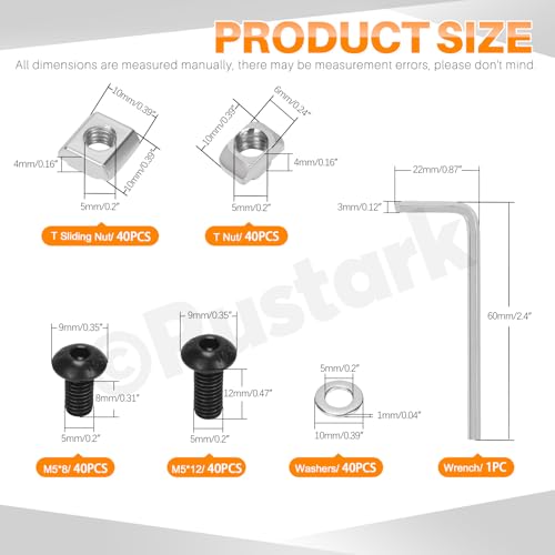 Rustark 201Pcs 2 Sizes Black M5 T-Nuts Screws Assortment Kit Hammer Head T-Slot Nut T Nut and Screw Kits T Nuts Screws T Slot Nut Head Fastener T Sliding Screw Stud for 2020 Series Aluminum Extrusion - Image 2