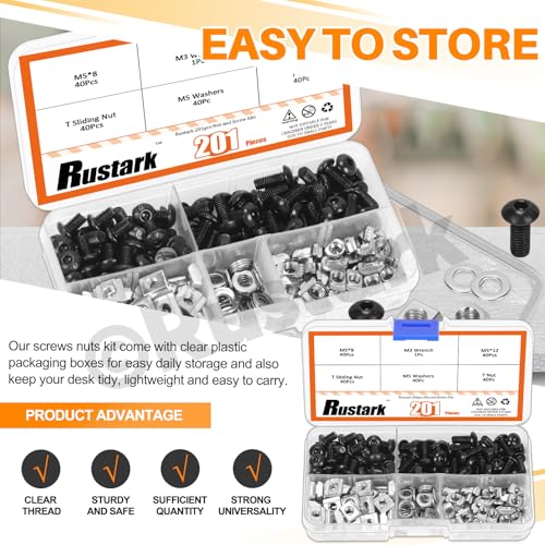 Rustark 201Pcs 2 Sizes Black M5 T-Nuts Screws Assortment Kit Hammer Head T-Slot Nut T Nut and Screw Kits T Nuts Screws T Slot Nut Head Fastener T Sliding Screw Stud for 2020 Series Aluminum Extrusion - Image 5