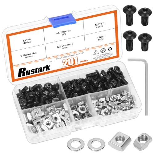 Rustark 201Pcs 2 Sizes Black M5 T-Nuts Screws Assortment Kit Hammer Head T-Slot Nut T Nut and Screw Kits T Nuts Screws T Slot Nut Head Fastener T Sliding Screw Stud for 2020 Series Aluminum Extrusion - Image 1