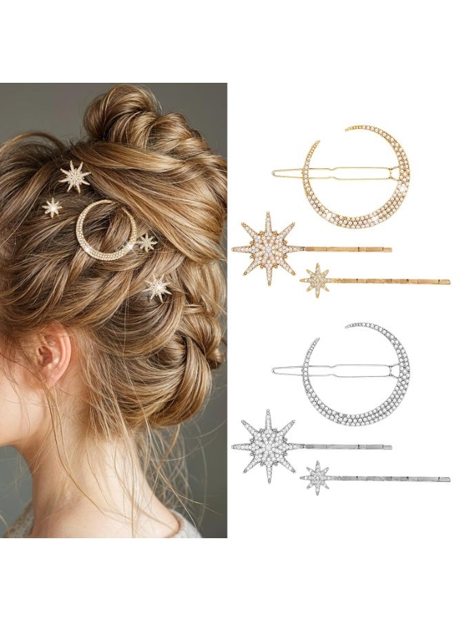 6 Pcs Rhinestone Star Moon Hair Clips, Vintage Hair Pins, Gold Hair Accessories Metal Snowflake Diamond-studded Bobby Pins Bride Wedding Hairpins Side Clip for Women Girls(Gold+Silver) - Image 1