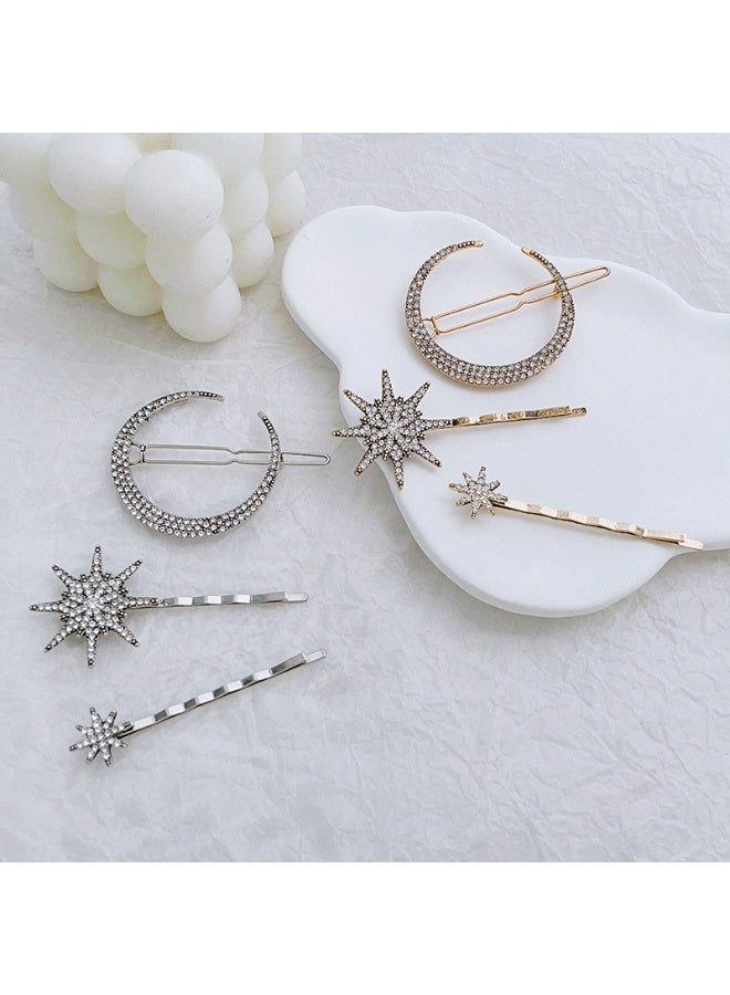 6 Pcs Rhinestone Star Moon Hair Clips, Vintage Hair Pins, Gold Hair Accessories Metal Snowflake Diamond-studded Bobby Pins Bride Wedding Hairpins Side Clip for Women Girls(Gold+Silver) - Image 2
