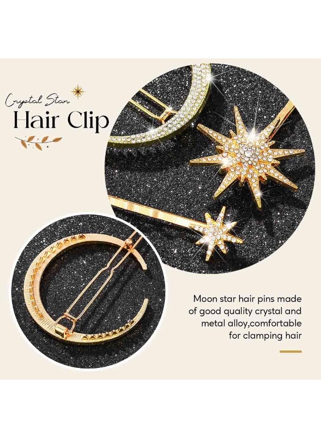 6 Pcs Rhinestone Star Moon Hair Clips, Vintage Hair Pins, Gold Hair Accessories Metal Snowflake Diamond-studded Bobby Pins Bride Wedding Hairpins Side Clip for Women Girls(Gold+Silver) - Image 3