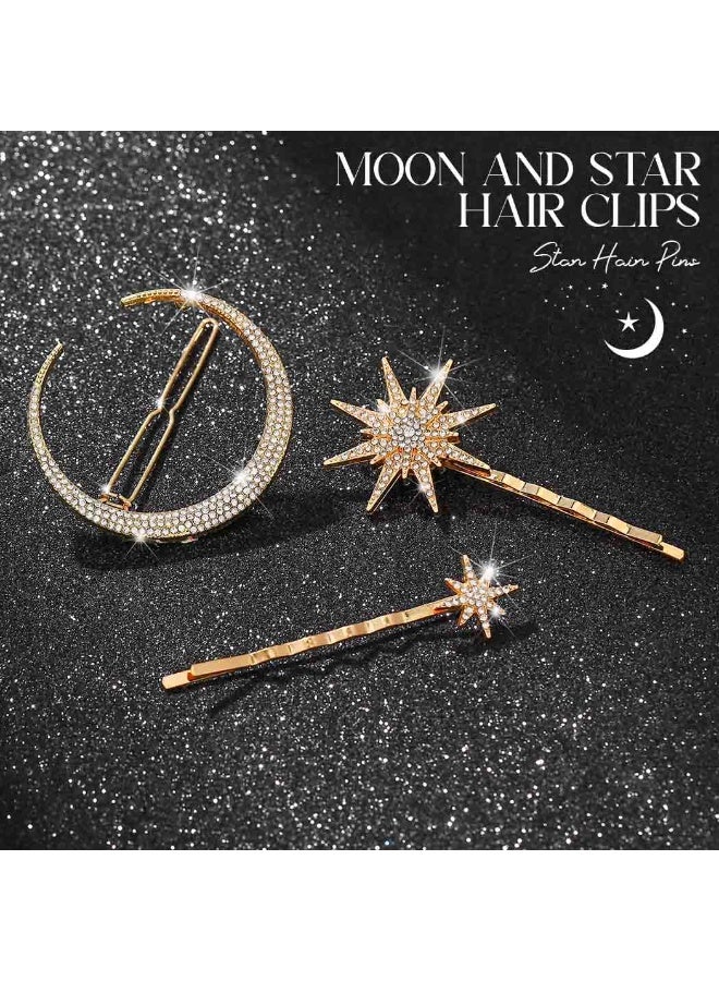 6 Pcs Rhinestone Star Moon Hair Clips, Vintage Hair Pins, Gold Hair Accessories Metal Snowflake Diamond-studded Bobby Pins Bride Wedding Hairpins Side Clip for Women Girls(Gold+Silver) - Image 4