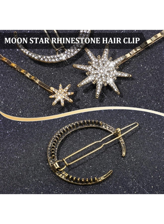 6 Pcs Rhinestone Star Moon Hair Clips, Vintage Hair Pins, Gold Hair Accessories Metal Snowflake Diamond-studded Bobby Pins Bride Wedding Hairpins Side Clip for Women Girls(Gold+Silver) - Image 5