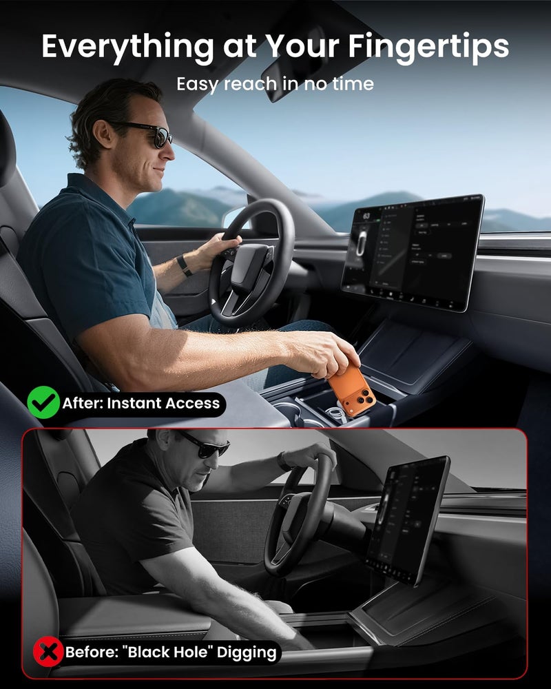 REEVAA Center Console Organizer for Tesla Model Y Juniper 2025-2026 (Premium & Performance), Model 3 Highland 2024-2026 All Trims [Dual-Tier Storage, Seamless Fit], Premium Silicone Liner, 4PCS, Black - Image 3