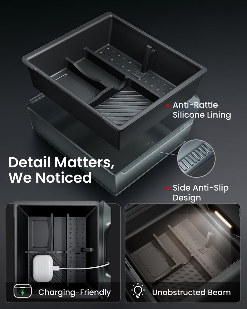 REEVAA Center Console Organizer for Tesla Model Y Juniper 2025-2026 (Premium & Performance), Model 3 Highland 2024-2026 All Trims [Dual-Tier Storage, Seamless Fit], Premium Silicone Liner, 4PCS, Black - Image 5