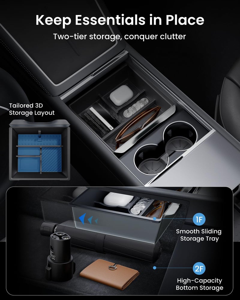 REEVAA Center Console Organizer for Tesla Model Y Juniper 2025-2026 (Premium & Performance), Model 3 Highland 2024-2026 All Trims [Dual-Tier Storage, Seamless Fit], Premium Silicone Liner, 4PCS, Black - Image 4