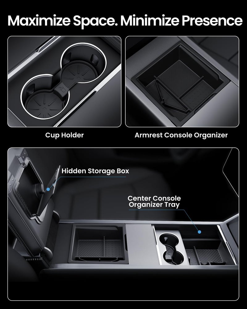 REEVAA Center Console Organizer for Tesla Model Y Juniper 2025-2026 (Premium & Performance), Model 3 Highland 2024-2026 All Trims [Dual-Tier Storage, Seamless Fit], Premium Silicone Liner, 4PCS, Black - Image 2