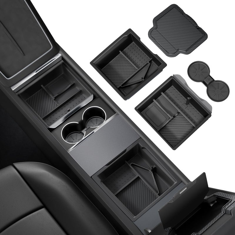 REEVAA Center Console Organizer for Tesla Model Y Juniper 2025-2026 (Premium & Performance), Model 3 Highland 2024-2026 All Trims [Dual-Tier Storage, Seamless Fit], Premium Silicone Liner, 4PCS, Black - Image 1