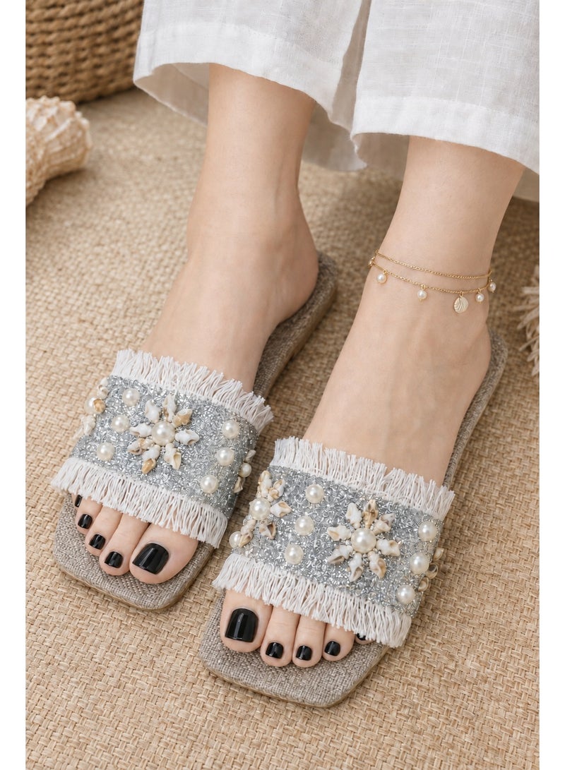 Women’s Flat Slide Slippers Embellished with Pearls, Seashells and Fringe – Silver – Code 5009\ - Image 1