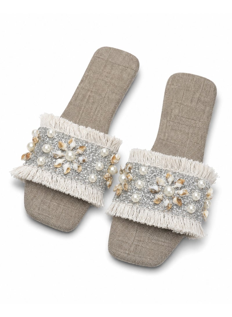 Women’s Flat Slide Slippers Embellished with Pearls, Seashells and Fringe – Silver – Code 5009\ - Image 2