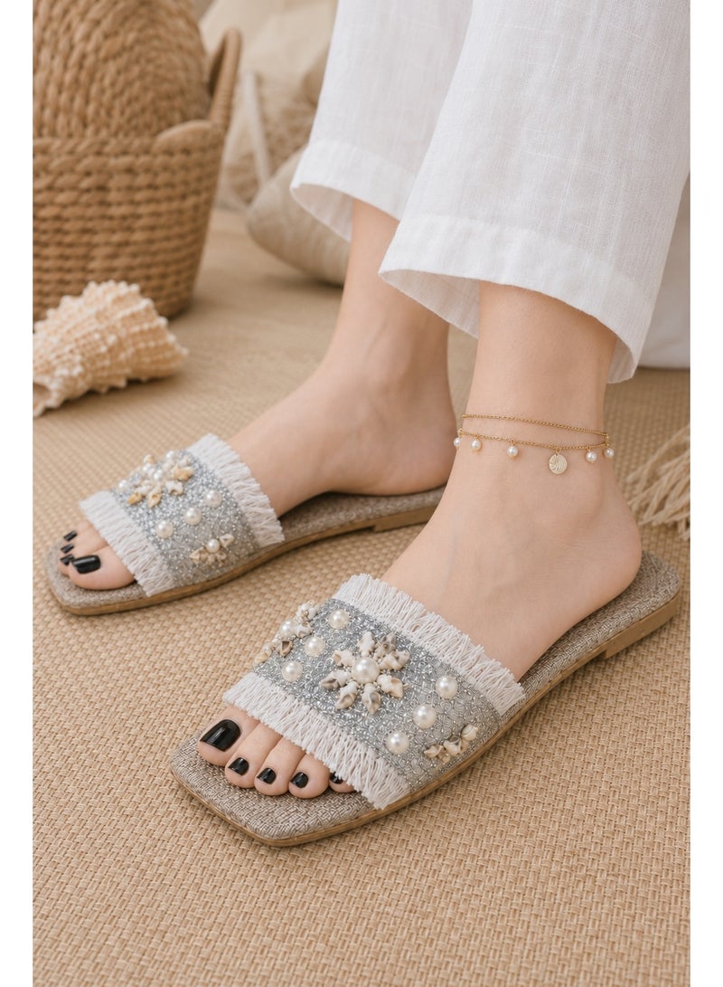 Women’s Flat Slide Slippers Embellished with Pearls, Seashells and Fringe – Silver – Code 5009\ - Image 3