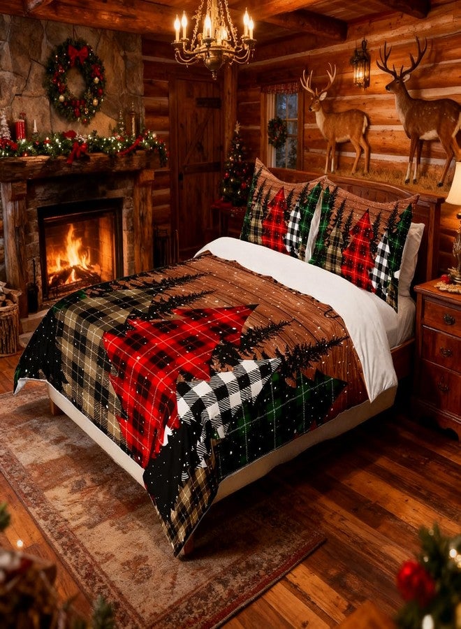 Man Fei Kids Merry Christmas Duvet Cover Set King Size,Geometric Grid Pine Snowflake Bedding Set,Girls Boys Adults Bedroom/Xmas Decor,Brown Plank Comforter Cover,Rustic Vintage Quilt Cover,3pcs,2 Pillowcases - Image 3