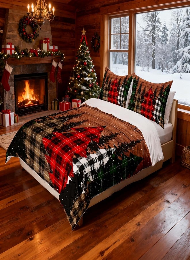 Man Fei Kids Merry Christmas Duvet Cover Set King Size,Geometric Grid Pine Snowflake Bedding Set,Girls Boys Adults Bedroom/Xmas Decor,Brown Plank Comforter Cover,Rustic Vintage Quilt Cover,3pcs,2 Pillowcases - Image 1