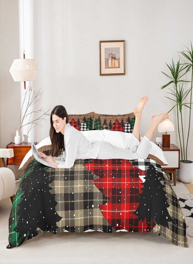Man Fei Kids Merry Christmas Duvet Cover Set King Size,Geometric Grid Pine Snowflake Bedding Set,Girls Boys Adults Bedroom/Xmas Decor,Brown Plank Comforter Cover,Rustic Vintage Quilt Cover,3pcs,2 Pillowcases - Image 5