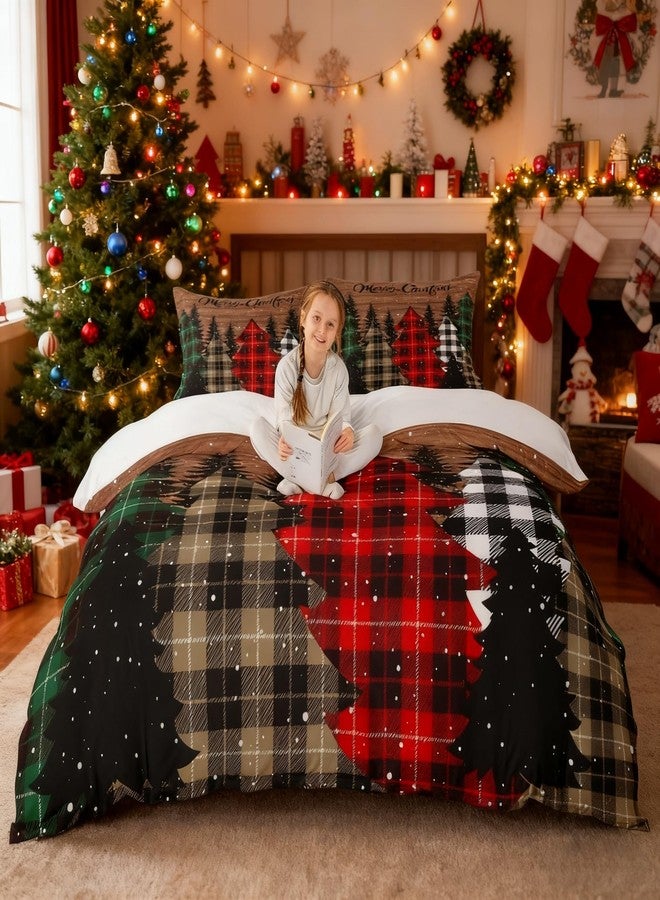 Man Fei Kids Merry Christmas Duvet Cover Set King Size,Geometric Grid Pine Snowflake Bedding Set,Girls Boys Adults Bedroom/Xmas Decor,Brown Plank Comforter Cover,Rustic Vintage Quilt Cover,3pcs,2 Pillowcases - Image 2