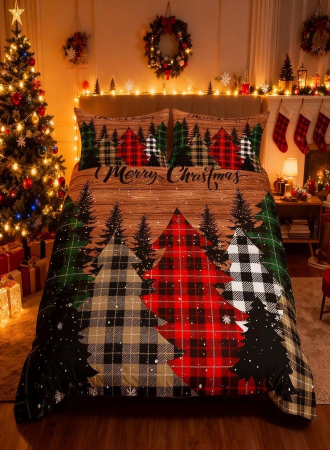 Man Fei Kids Merry Christmas Duvet Cover Set King Size,Geometric Grid Pine Snowflake Bedding Set,Girls Boys Adults Bedroom/Xmas Decor,Brown Plank Comforter Cover,Rustic Vintage Quilt Cover,3pcs,2 Pillowcases - Image 4