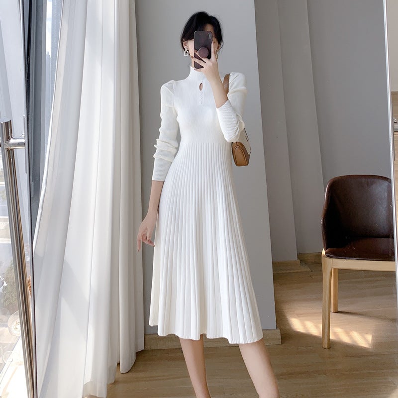 Autumn Winter Long Knit Sweater Dress White Apricot - Image 1