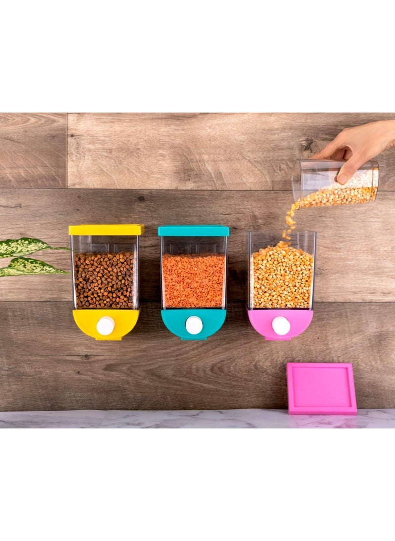 Kriya - kriya pack of 3 Push Button Storage Container with Wall Mounted Double Sided Tap Storage Tank Jarfor Pulses Beans Grain Nuts Oatmeal and Candy Storage Dispenser multi - Image 1