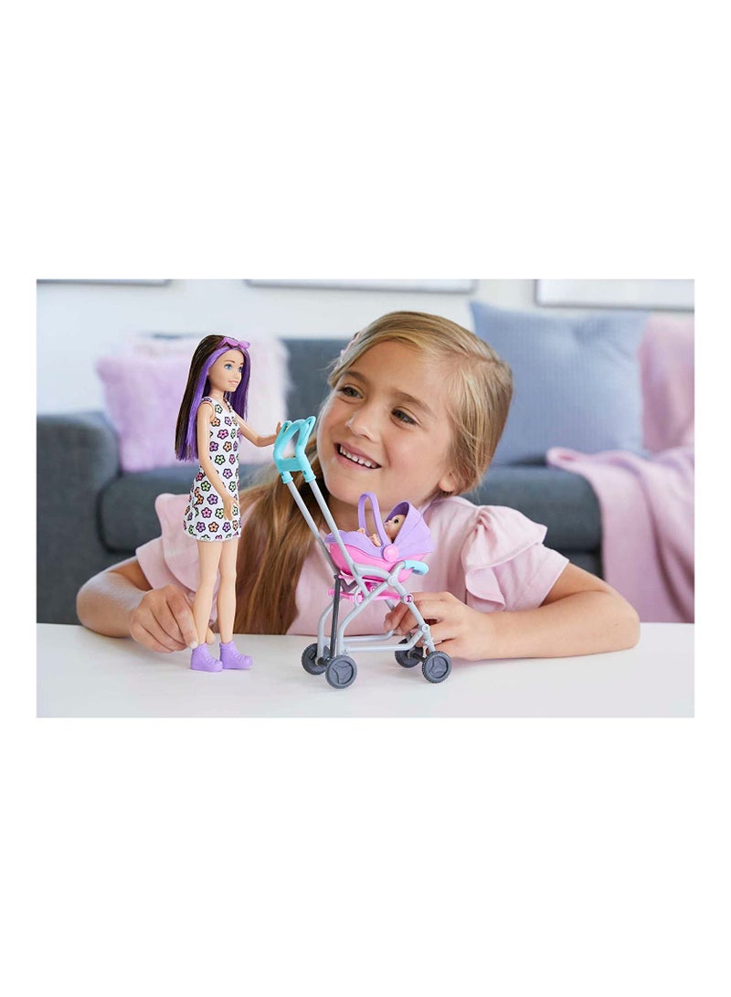 Mattel Games Skipper Babysitters Inc. Playset with Skipper Babysitter Doll Brunette, Stroller, Baby Doll & 5 Accessories - Image 2