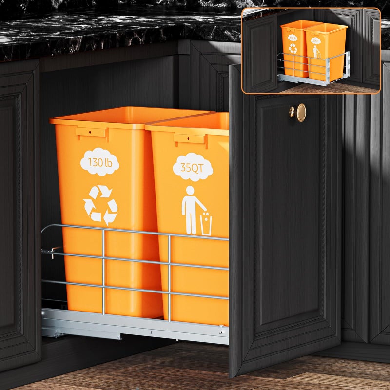 RUNMI Double Pull Out Trash Can Under Cabinet with Soft Close Slides 130LB Heavy Duty Under Sink Trash Bin Kit with Door or Base Mount, Fits 16" W x 23" D Cabinet, Trash Can Not Included - Image 1