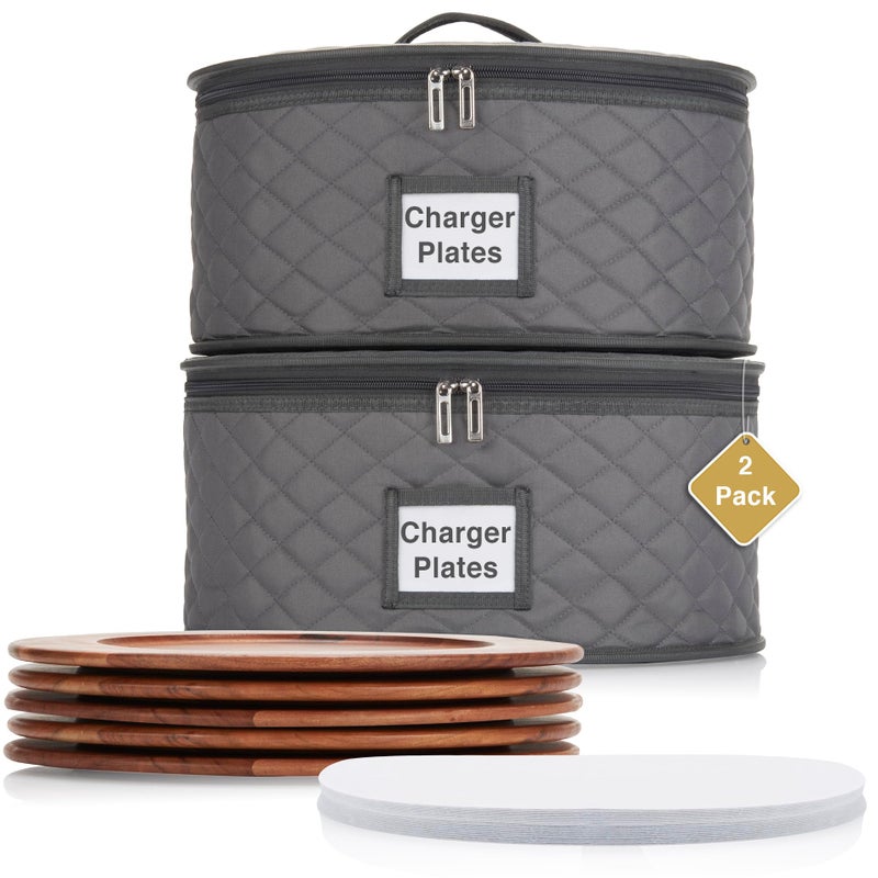 STOZU 2 Pack China Storage Container for Big Dinner Plate  13 W x 7 H  Includes 12 Felt Dividers Stackable with Padded Interior  Great for Big Plates and Charger Plates