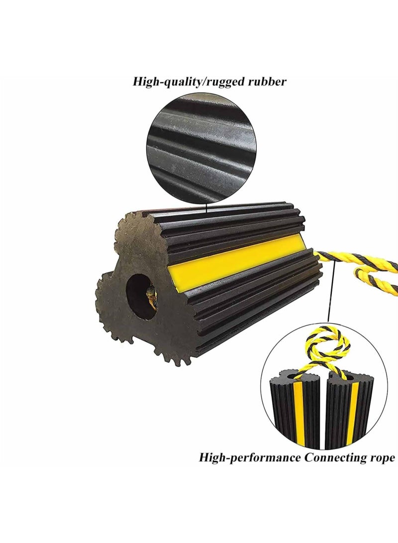 Heavy Duty Rubber Dual Wheel Chocks Front and Back, RV Leveling Blocks Non Slip Base with Nylon Rope Yellow Reflective Tape for Travel Trailers, Car, Camper, Truck - Image 3