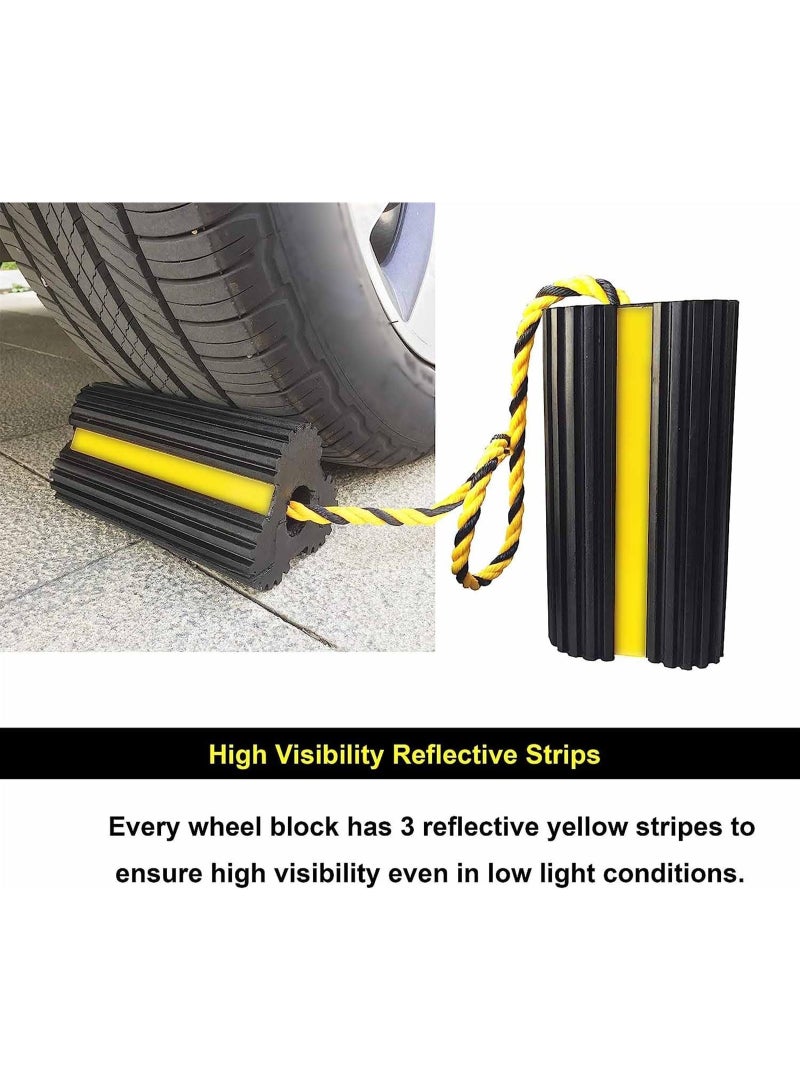 Heavy Duty Rubber Dual Wheel Chocks Front and Back, RV Leveling Blocks Non Slip Base with Nylon Rope Yellow Reflective Tape for Travel Trailers, Car, Camper, Truck - Image 5