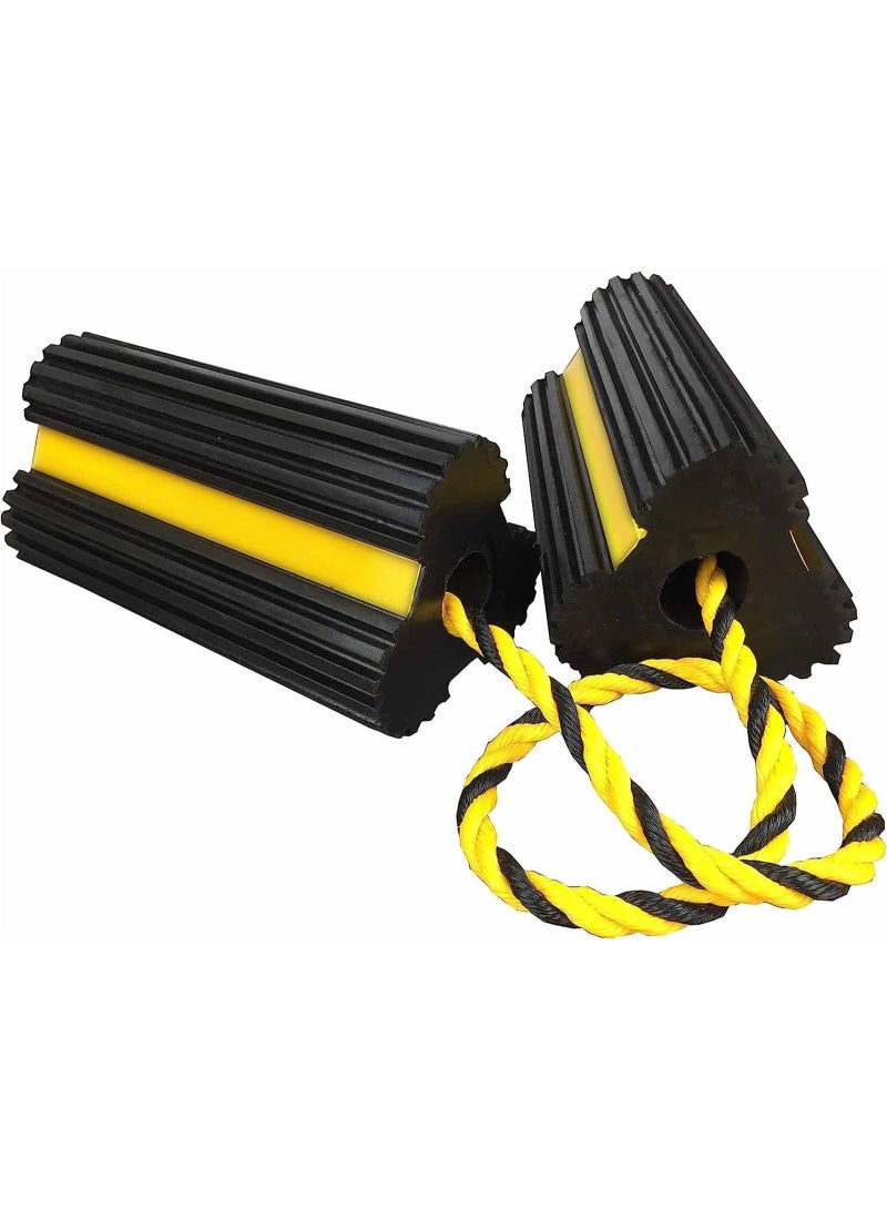 Heavy Duty Rubber Dual Wheel Chocks Front and Back, RV Leveling Blocks Non Slip Base with Nylon Rope Yellow Reflective Tape for Travel Trailers, Car, Camper, Truck - Image 1