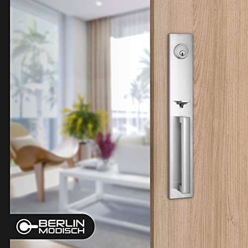 Berlin Modisch Full Escutcheon HandleSet Front Door Entry Handle and Deadbolt Lock Set Slim Square Single Cylinder Deadbolt and Lever Heavy Duty – Satin Nickel Finish - Image 3