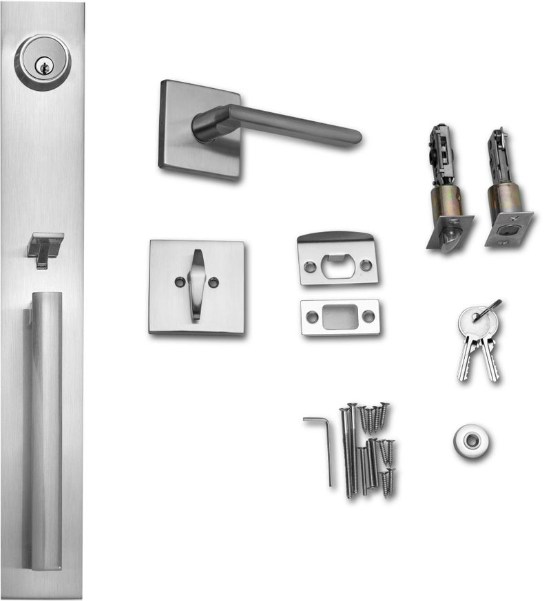 Berlin Modisch Full Escutcheon HandleSet Front Door Entry Handle and Deadbolt Lock Set Slim Square Single Cylinder Deadbolt and Lever Heavy Duty – Satin Nickel Finish - Image 4